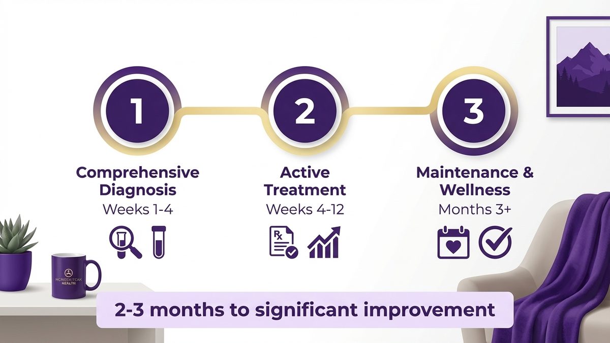 Treatment journey timeline showing 3 phases: Diagnosis (Weeks 1-4), Active Treatment (Weeks 4-12), and Maintenance (Months 3+)